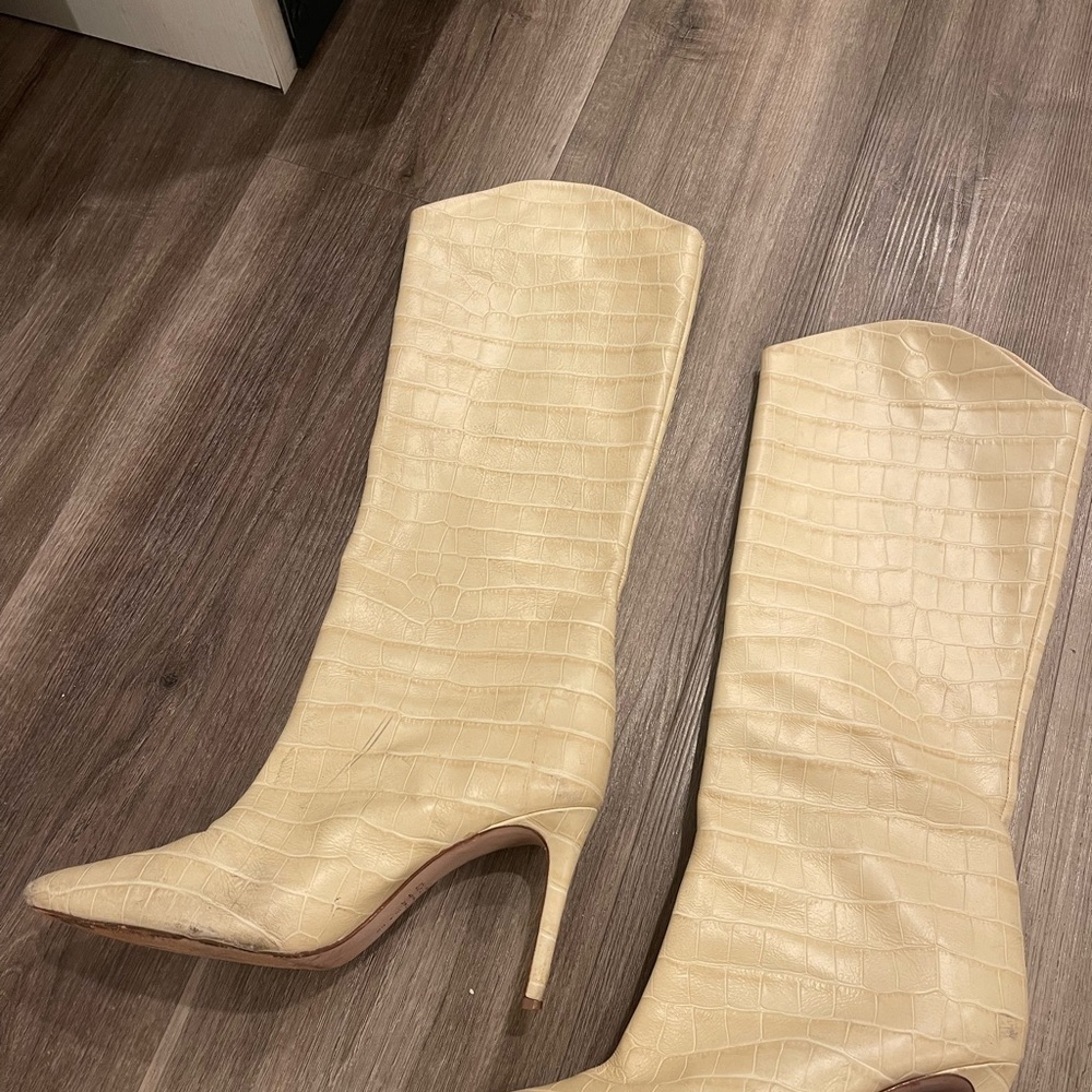 Schutz Elegant Cream Croc-Embossed Knee-High Boots